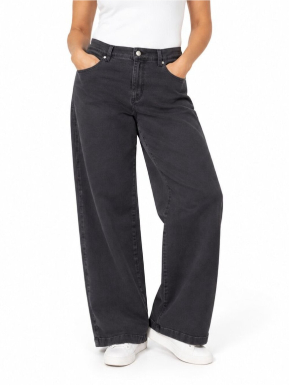 EILEEN FISHER Organic Cotton Stretch Wide Leg 30.5" Jeans Black Large High Rise